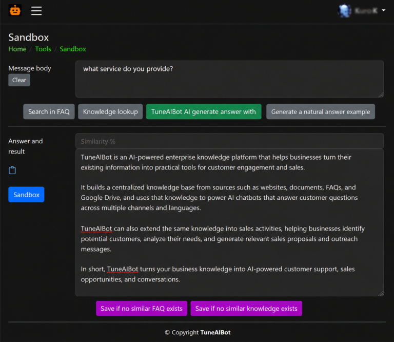 Example screen for registering reviewed responses into the FAQ or knowledge base